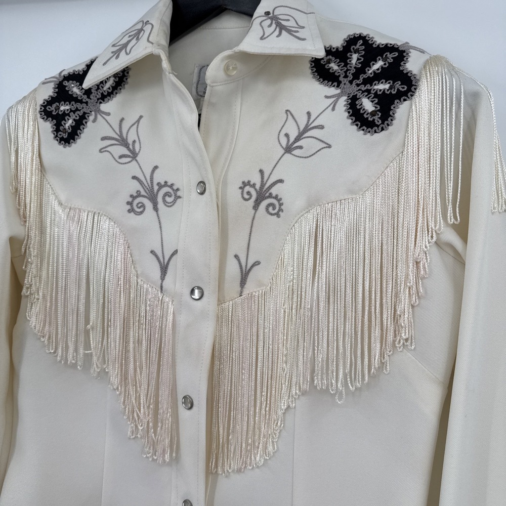 Vintage H Bar C Taos Pearl Snap Embroidered Fringed Western Shirt Size 32 Ivory